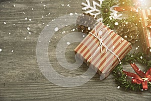 Christmas presents gift red and rustic decorated laid on wooden table background