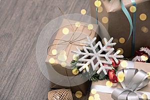 Christmas presents gift red and rustic decorated laid on wooden table background