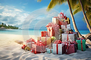 Christmas presents, gifts on tropical beach under palm tree