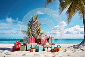 Christmas presents, gifts on tropical beach under palm tree