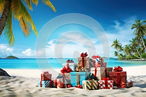 Christmas presents, gifts on tropical beach under palm tree