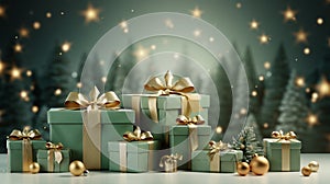 Christmas presents with golden bows on bokeh background 3D rendering.Generativ AI photo