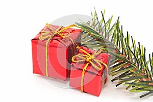 Christmas presents, green tree on white background. Landscape
