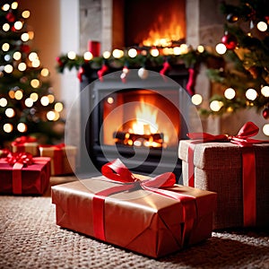 Christmas presents next to fireplace, traditional holiday custom of sharing and giving gifts