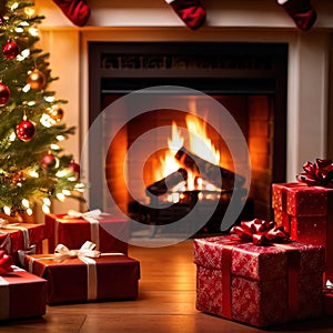 Christmas presents next to fireplace, traditional holiday custom of sharing and giving gifts