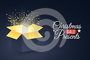 Christmas presents. Poster for the christmas sale. Open dark gift box. Colorful confetti. Christmas present on a dark background.
