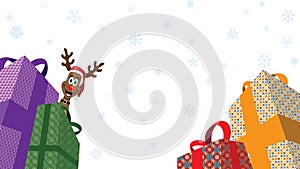 Christmas Presents and reindeer peeking while white snowflakes falling in white background retail advertising