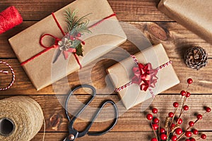 Christmas presents on rustic wooden background