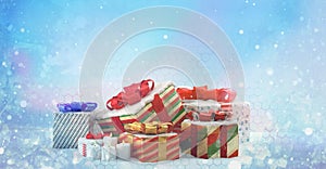 Christmas presents with snow festive design 3d-illustration