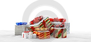 Christmas presents with snow festive design 3d-illustration