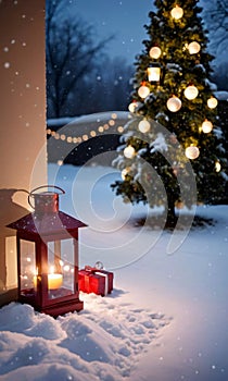 Christmas Presents Stacked Beside A Lantern-Lit Path, Night, Snowy Weather, Front View. Generative AI