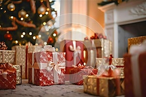 Christmas Presents Under the Tree: A Festive Scene of Wrapped Gifts photo