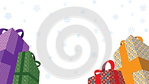 Christmas Presents and white snowflakes falling in white background retail advertising