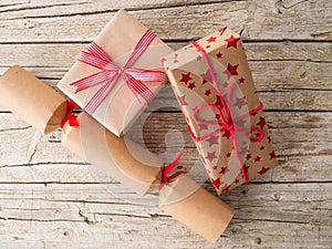 Christmas presents on wooden background