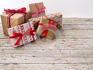 Christmas presents on wooden board