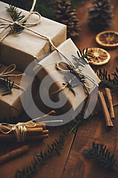 Christmas presents on wooden boards