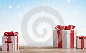 Christmas presents on wooden floor with blurred snowflakes background 3d-illustration