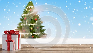 Christmas presents on wooden floor with blurred snowflakes and green fir tree background 3d-illustration