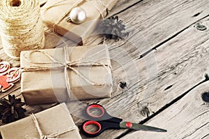Christmas presents on a wooden table closeup photo