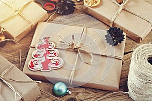 Christmas presents on a wooden table closeup photo