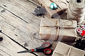 Christmas presents on a wooden table photo