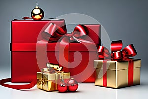 Christmas presents wrapped in glossy gold and red paper, elegantly tied with ribbon. Generative AI