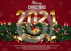 Christmas banner  Xmas sparkling lights garland with gifts box.