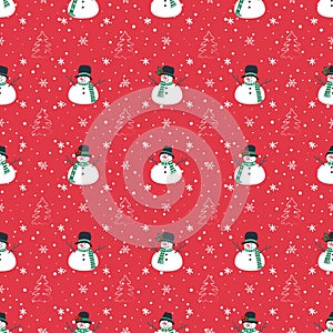 Christmas print. Seamless winter pattern with funny snowmen, fir trees and snowflakes