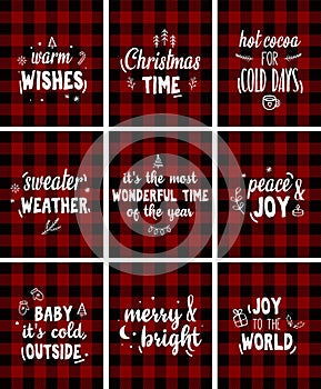 Christmas printables. Red plaid background. Greeting card, invitation design elements. Vector