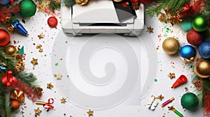 Christmas Printer With Decorations And A4 Blank Page photo