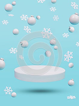 Christmas product podium with flying snowflakes and white balls on pastel blue background. Scene stage showcase for promotion