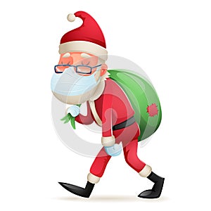 Christmas protective medical mask Santa Claus gift bag cartoon walk character design vector illustration