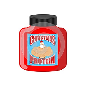 Christmas protein. Sports nutrition as a gift for holiday. Strong Santa Claus recommends. Illustration New Year Fitness