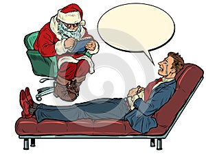 A christmas psychotherapy session. The psychotherapist santa claus sees a businessman man, the patient is lying on the