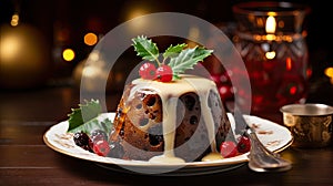 Christmas pudding with Brandy Sauce, Traditional festive dessert in a seasonal setting