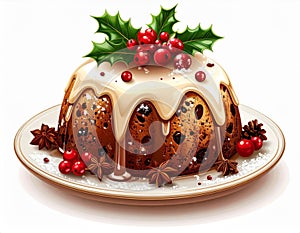 Christmas Pudding Cake with White Icing and Berries on Plate