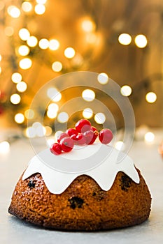 Christmas pudding with christmas light background