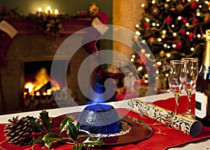 Christmas Pudding and Festive Fireplace