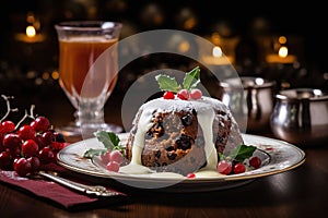 Christmas pudding with festive table setting and glass of punch