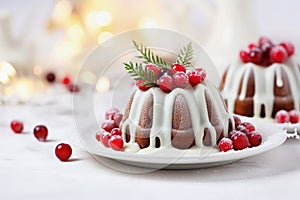 Christmas pudding with glazed cranberries on festive table setting