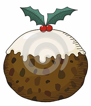 Christmas pudding round rich fruit figgy pud with cream sauce and holly line art cartoon