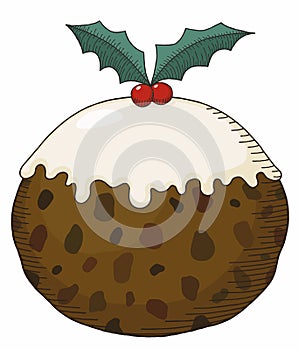 Christmas pudding round rich fruit figgy pud with cream sauce and holly line art cartoon photo