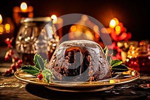 Christmas pudding served impeccably on a wooden table.