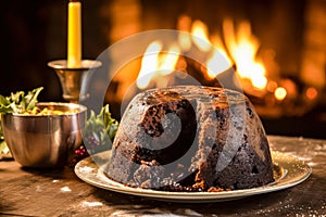 Christmas pudding served impeccably on a wooden table.