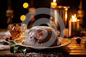 Christmas pudding served impeccably on a wooden table.