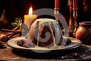 Christmas pudding served impeccably on a wooden table.