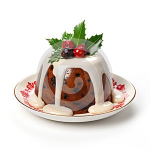 Christmas Pudding With a Sprig Of Holly Isolated On A White Background.