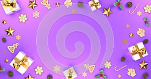 Christmas purple background.  Frame decorative banner with presents, stars and golden ribbons. Holiday festive copy space.