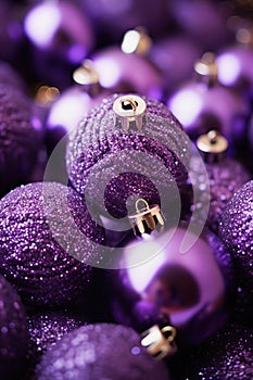 Christmas purple baubles close up. Abstract holiday decor background