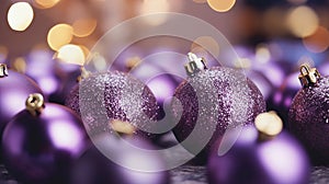 Christmas purple baubles closeup. Abstract holiday decor background